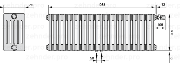 Схема (чертеж) Радиатор Zehnder Charleston 6060/23 №V008 Белый глянцевый RAL 9016